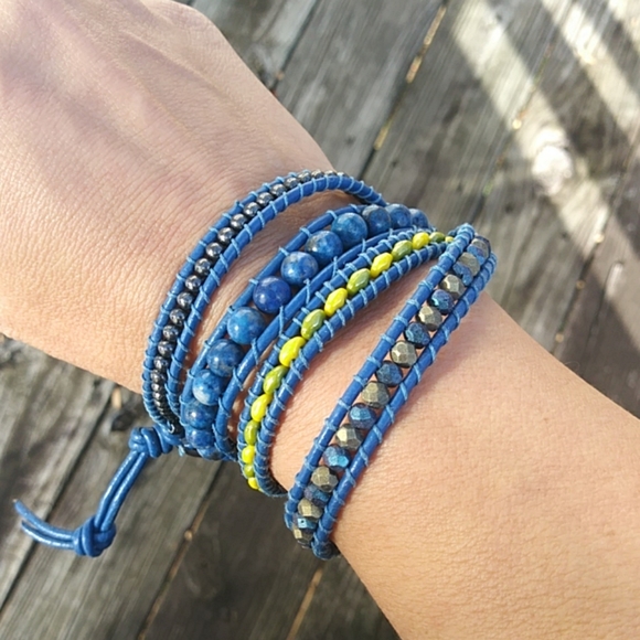 Blue Leather Wrap Beaded Bracelet - Picture 3 of 4